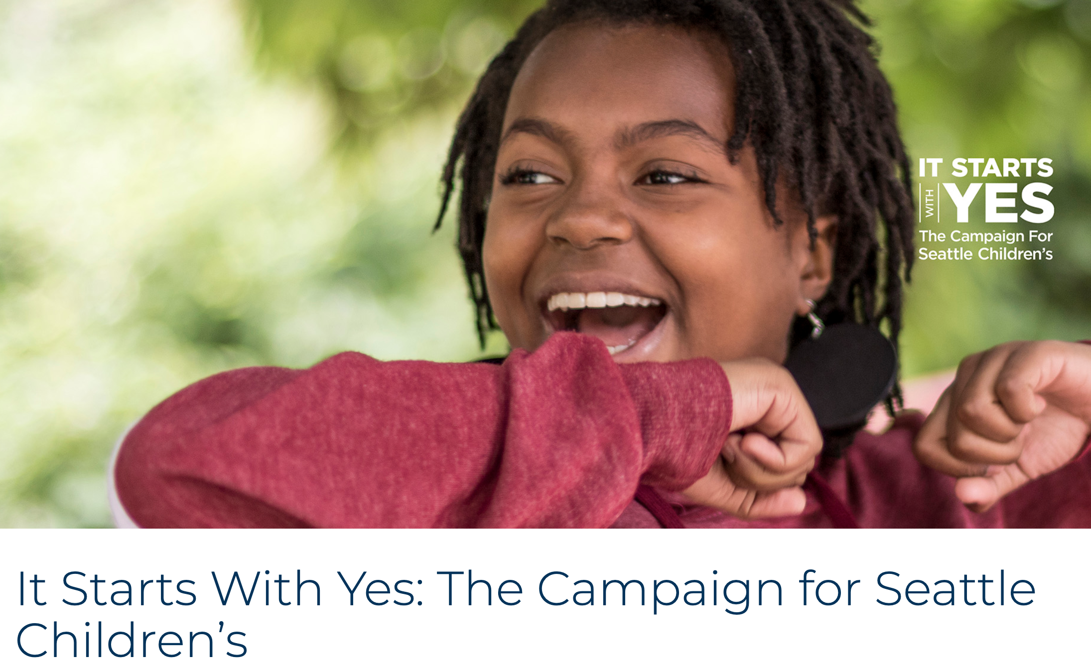 Campaign site for Seattle Children's with a Black person as the background
