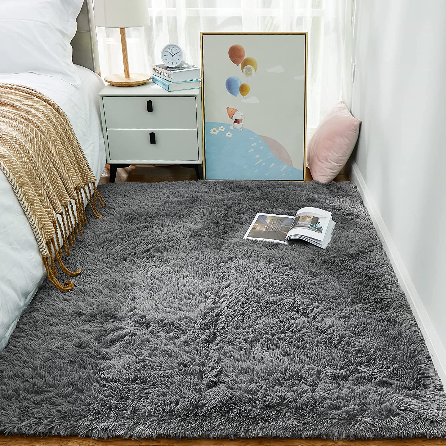 Ophanie Grey Rugs for Bedroom, Fluffy Shag Fuzzy Soft Carpet, Plush Shaggy Bedside Area Rug