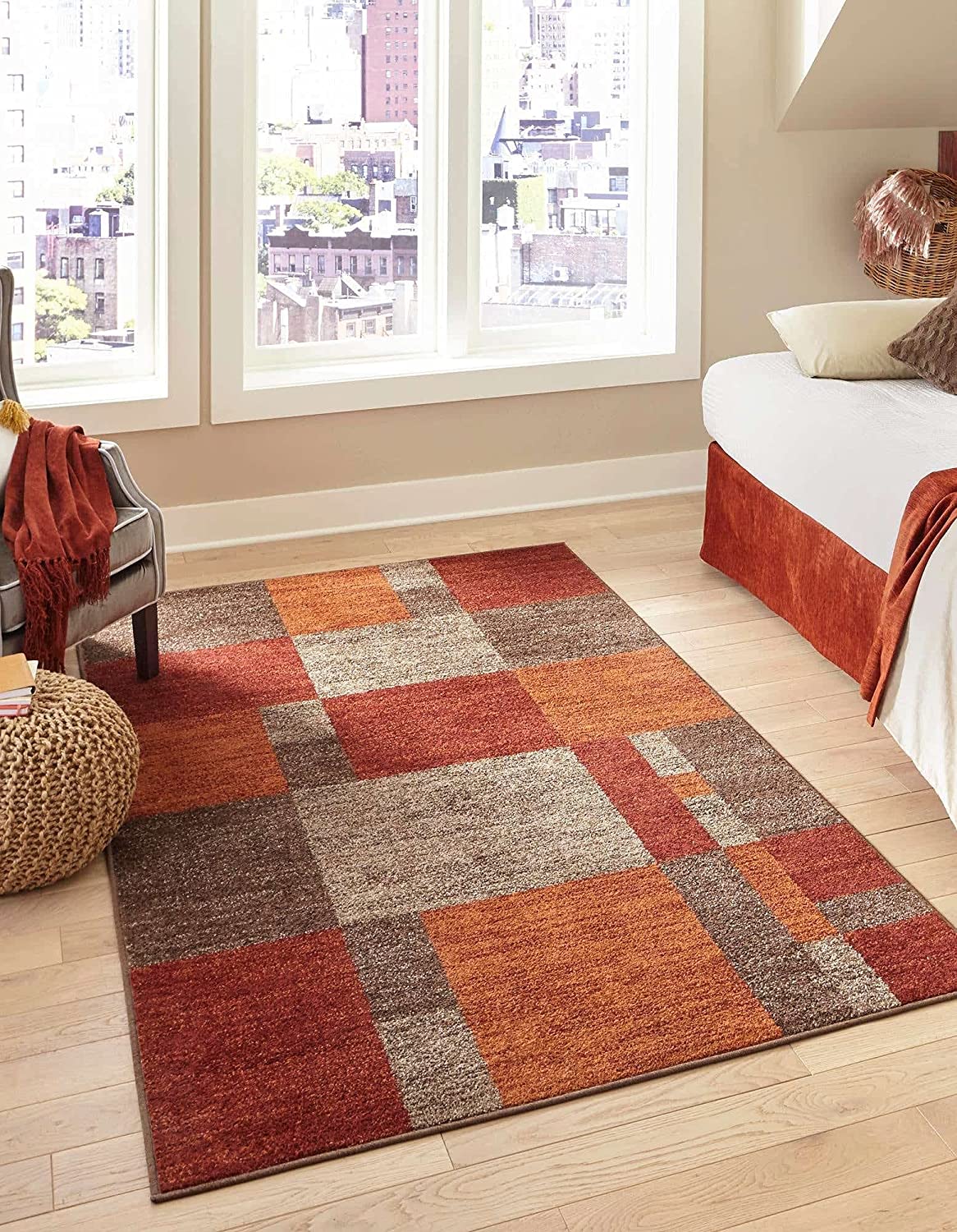 Unique Loom Autumn Collection Checkered Abstract Casual Warm Toned Area Rug