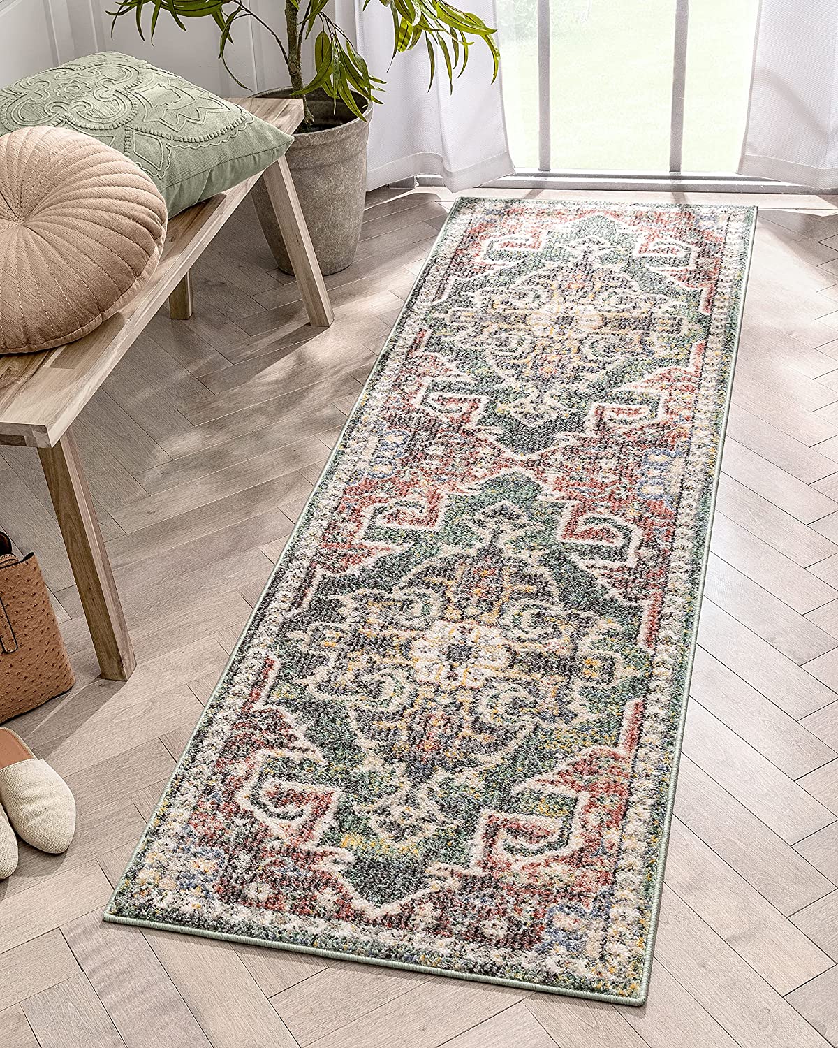 Well Woven Leon Vintage Medallion Green & Rust Red Pastel Colors Runner Rug