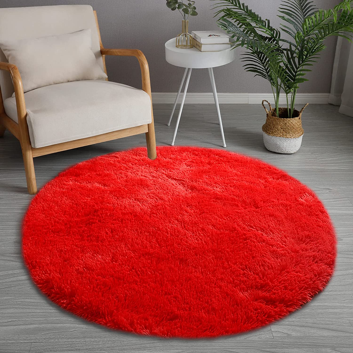 GKLUCKIN Shag Ultra Soft Area Rug, Fluffy 4' Round Red Rugs Plush Non-Skid Indoor