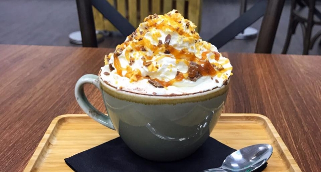 Crunchy and toffee hot chocolate from Guilty Pleasures coffee shop in Liverpool