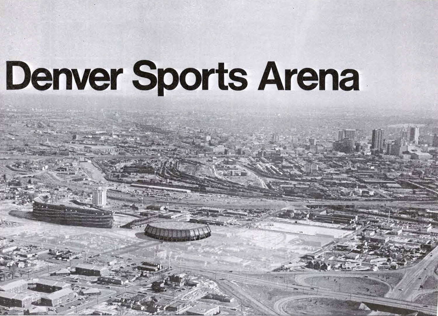 Aerial rendering of the sports arena next to the Denver Sports Stadium 