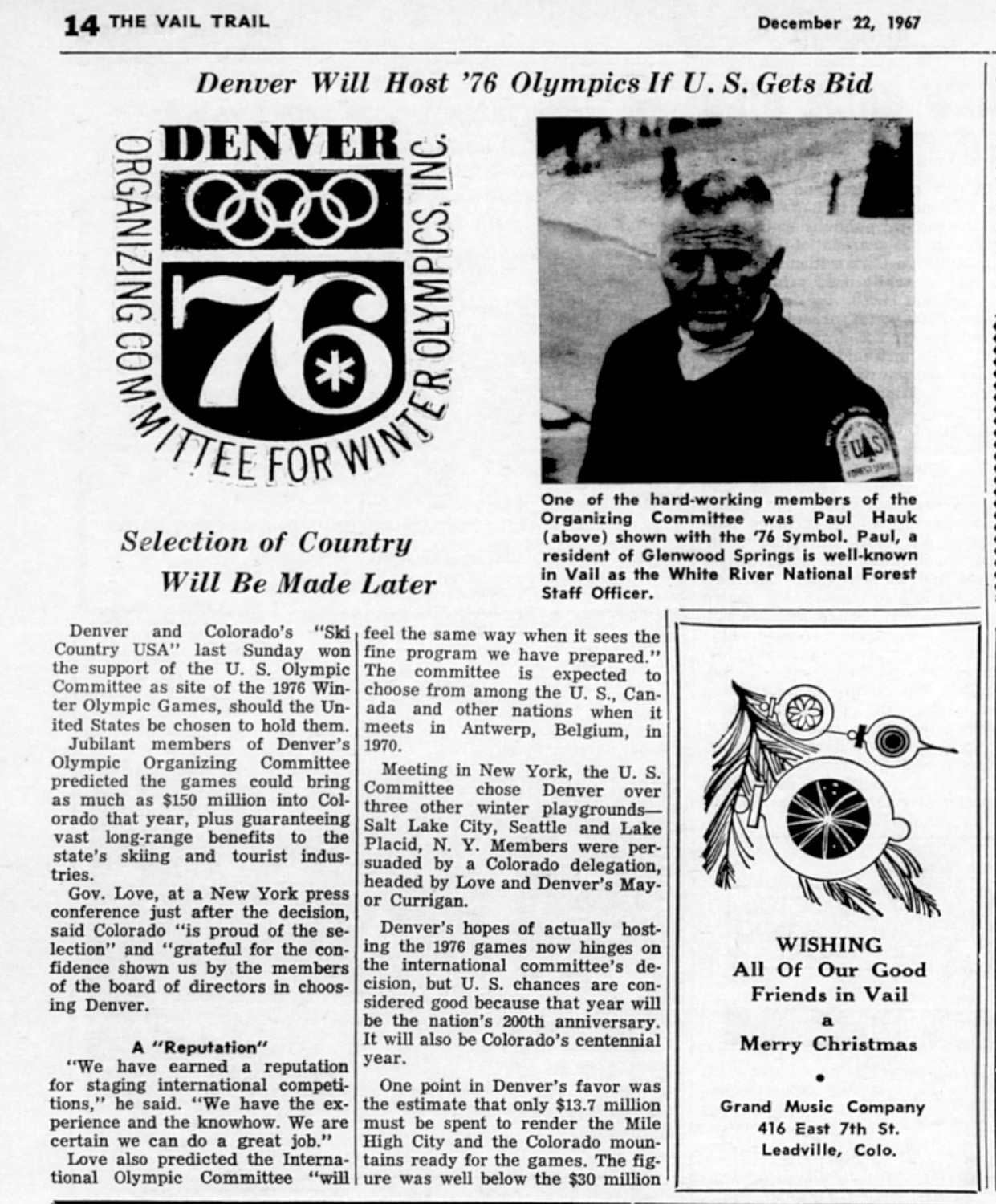 An article from  The Vail Trail in 1967 showing a member of the DOC and their original logo