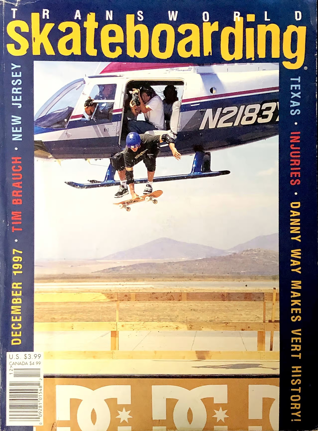The first issue of Transworld Skateboarding I ever purchased featured Danny Way jumping out of a helicopter onto a giant half pipe. Photo credited to Dave Swift but  actually shot by Skin Phillips