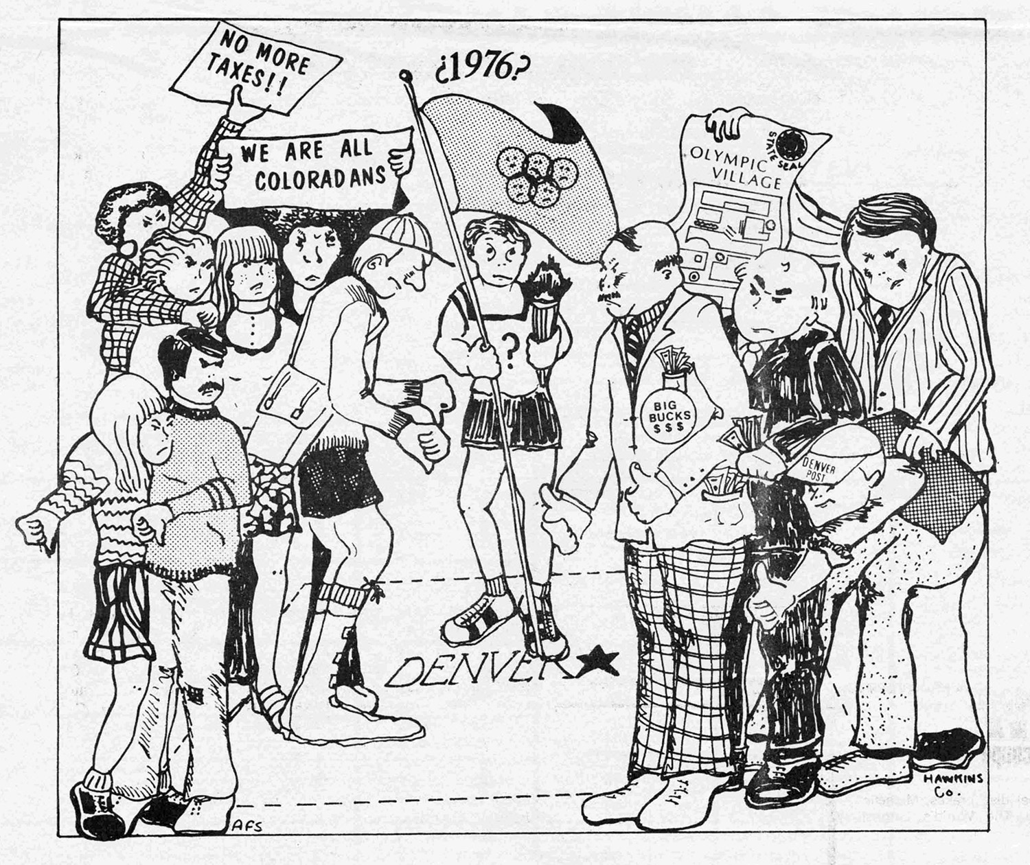 Editorial cartoon showing the heated political battle over the Olympics