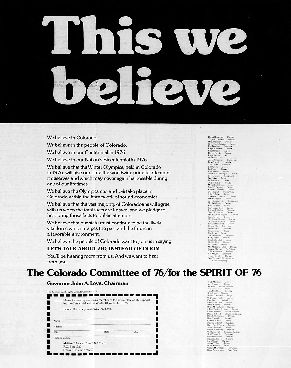 Newspaper ad urging Colorado voters to support the games by saying “Let’s talk about DO, instead of DOOM”
