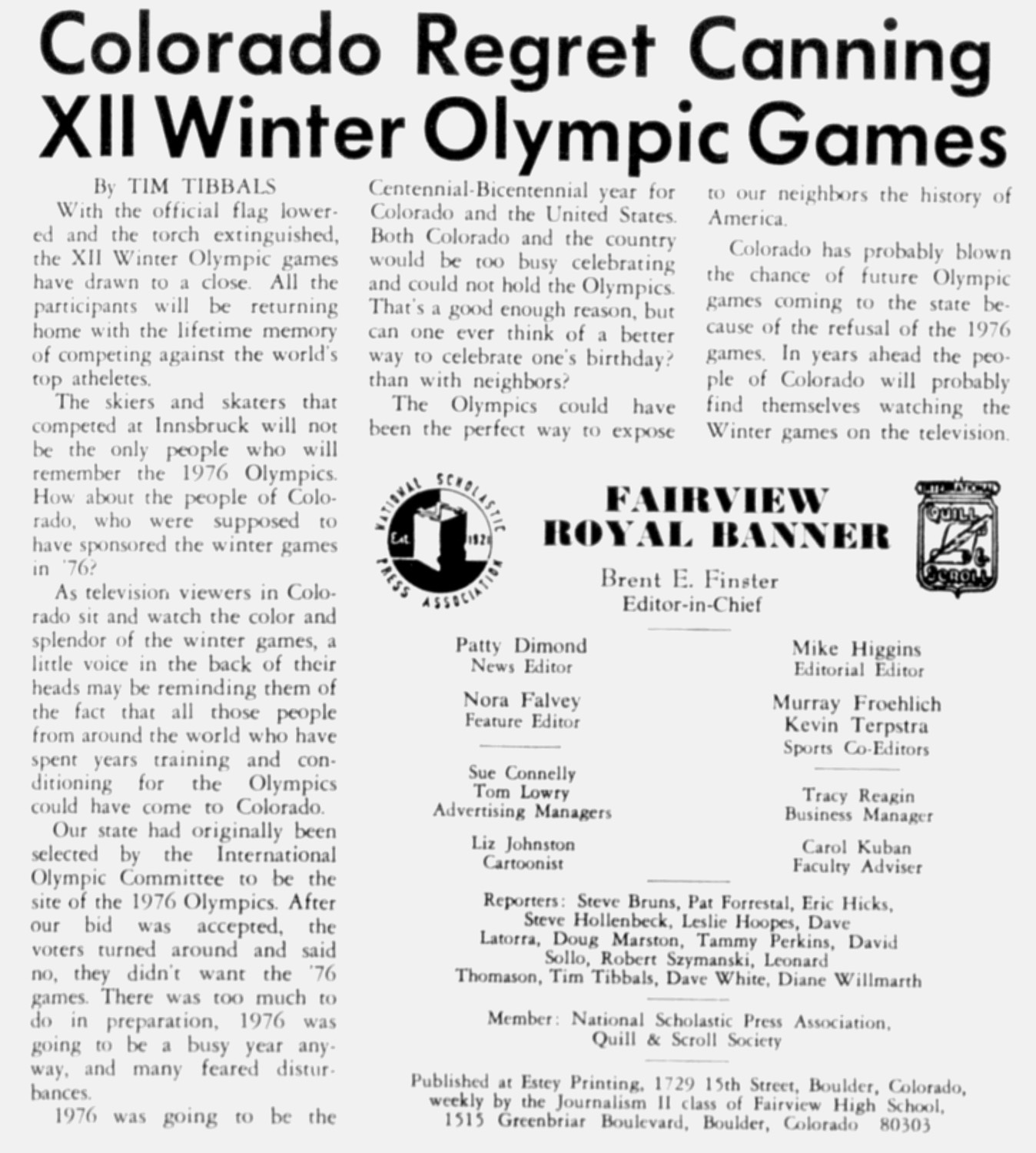 Article from the Fairview Royal Banner from Fairview High School in Boulder, giving insight into what the younger generation thought about the rejection of the Olympics
