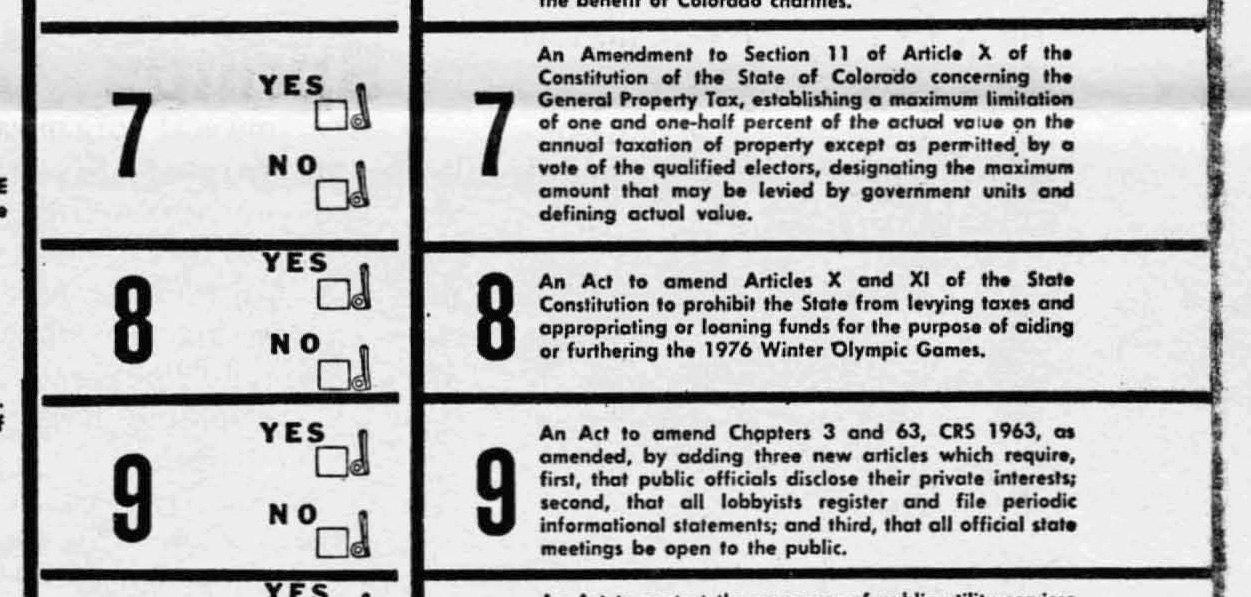 Sample ballot of initiative 8, which would cut off further funding for the 1976 Winter Olympic Games