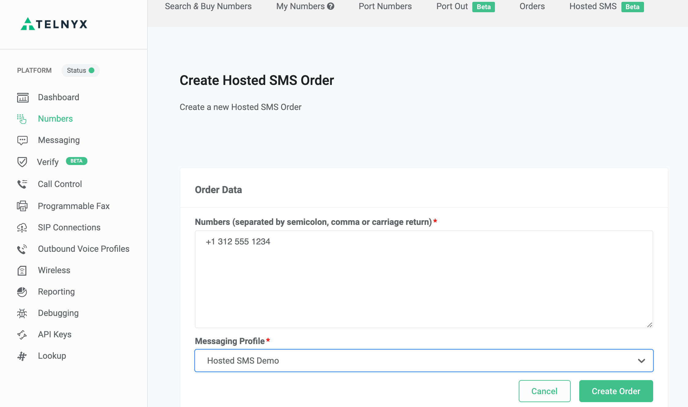 create hosted sms order