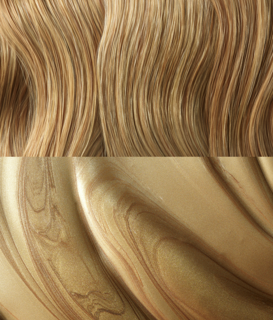 En la parte superior de la imagen hay un cabello rubio y abajo una textura cremosa y dorada