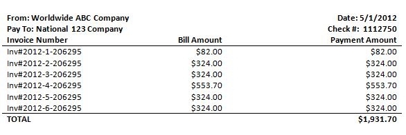 Check Stub with Multiple Bills for One Vendor