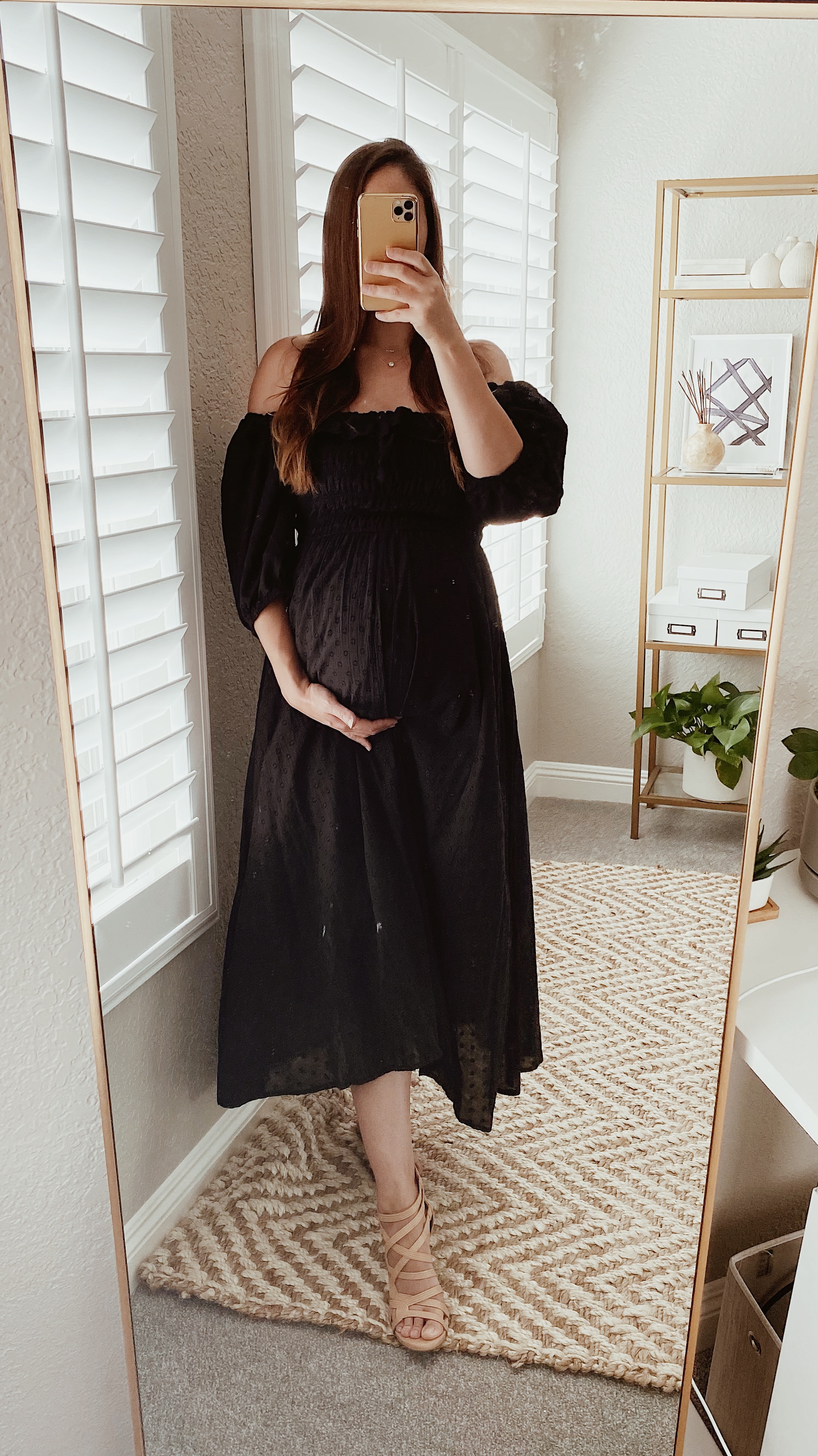 Maternity Fashion-Off the shoulder black ruffled midi dress