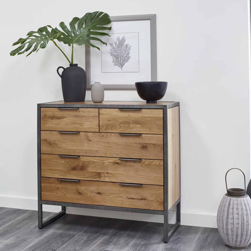 Brooklyn natural solid oak and metal chest of drawers