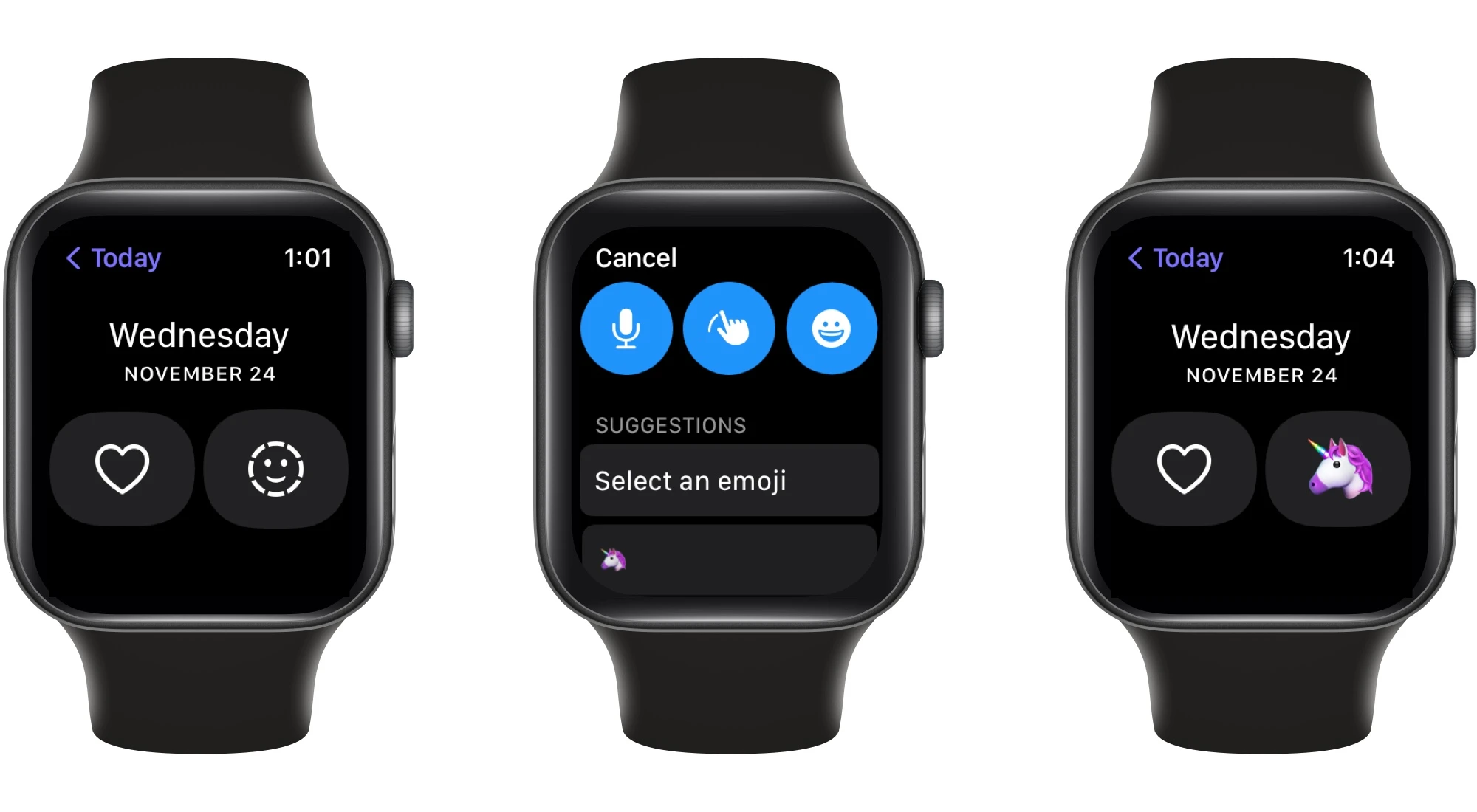 Images of Apple Watch with day favoriting and emoji tagging options