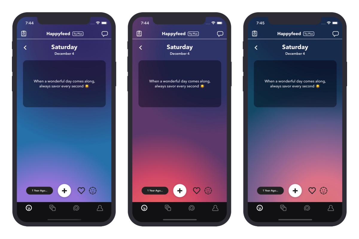 iPhone screen mockups with three different dark mode background gradients