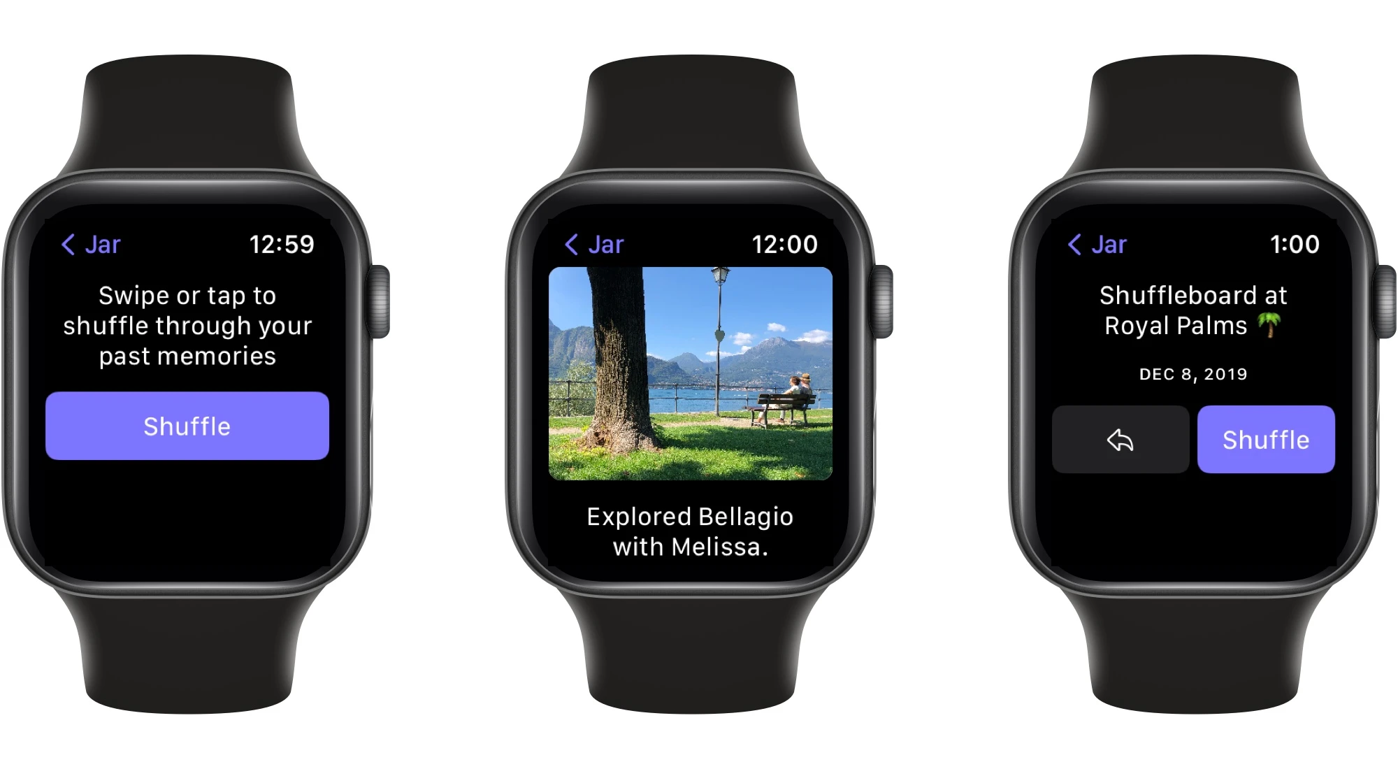 Images of Apple Watch with Happiness Jar, a memory with a photo, and a plain text memory