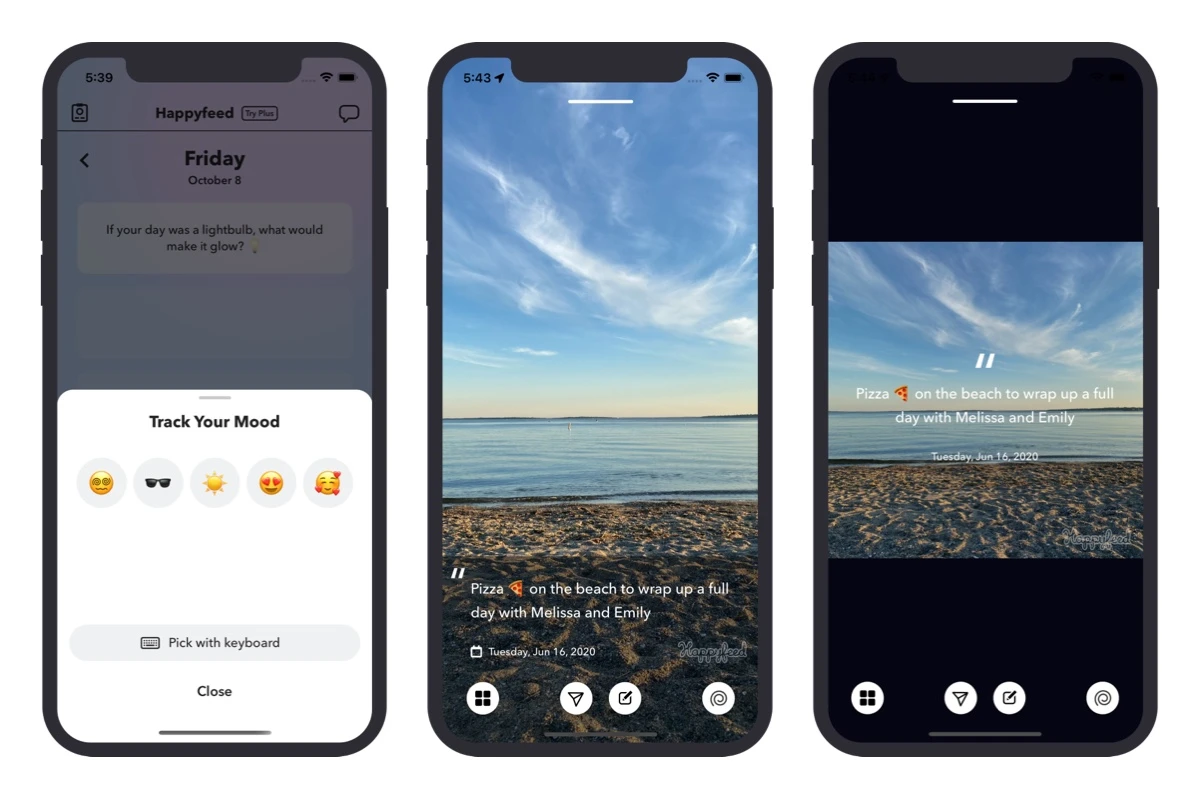 iPhone screens with mood picker and moment layouts