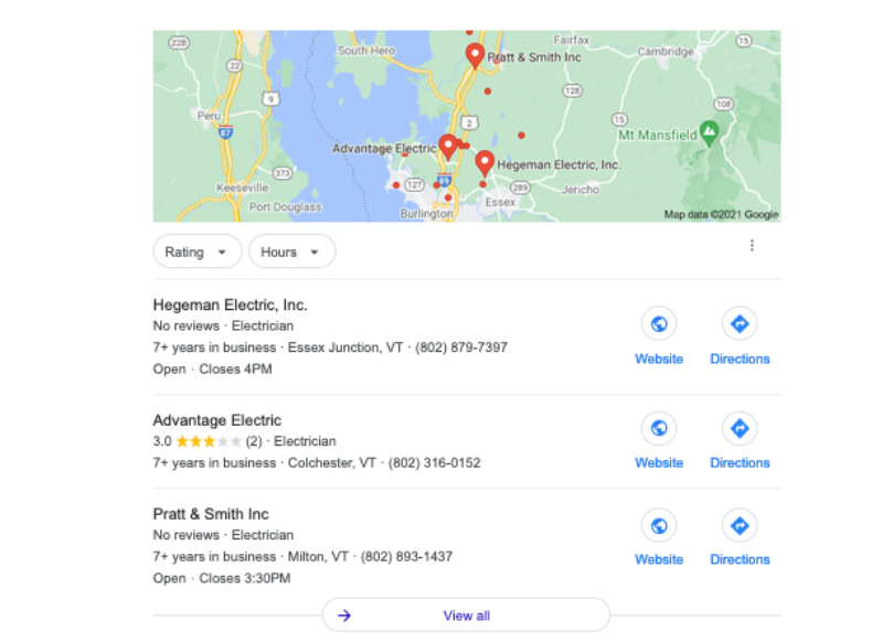 Google’s Local Search Pack results for ‘electrician near me’