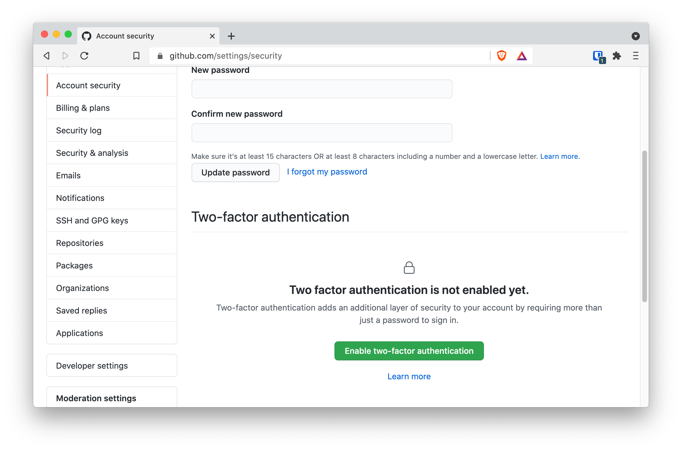 Enabling two-factor authentication in GitHub