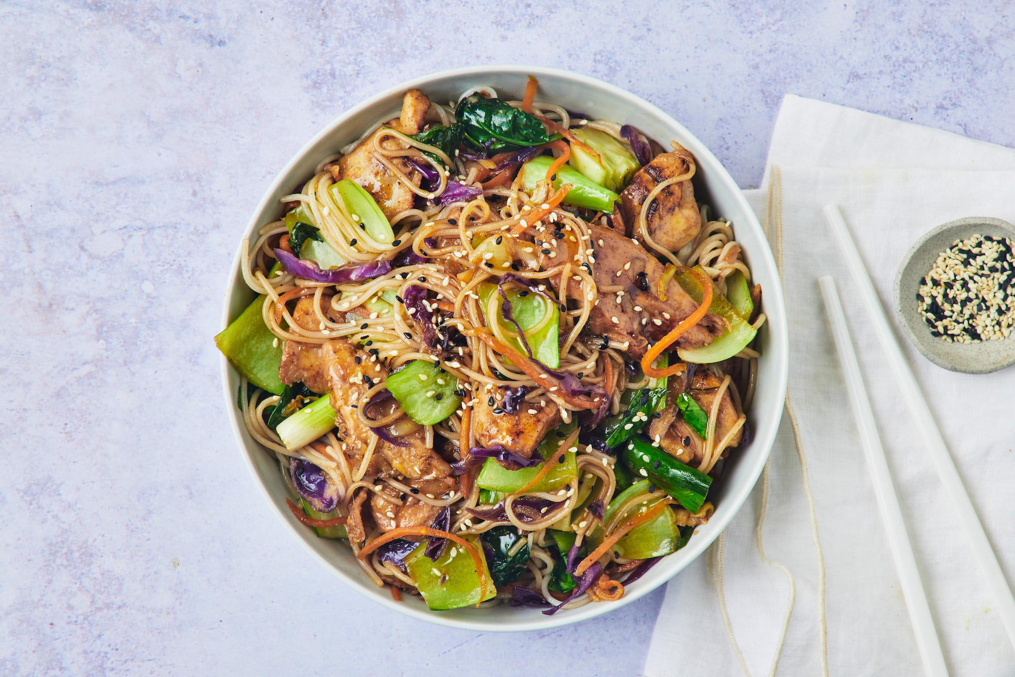 20-Minute Vegan 'Chicken' with Noodles, Sesame & Spring Onion