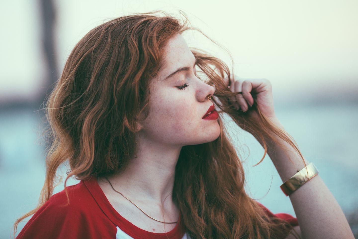 redhead red lips eyes closed