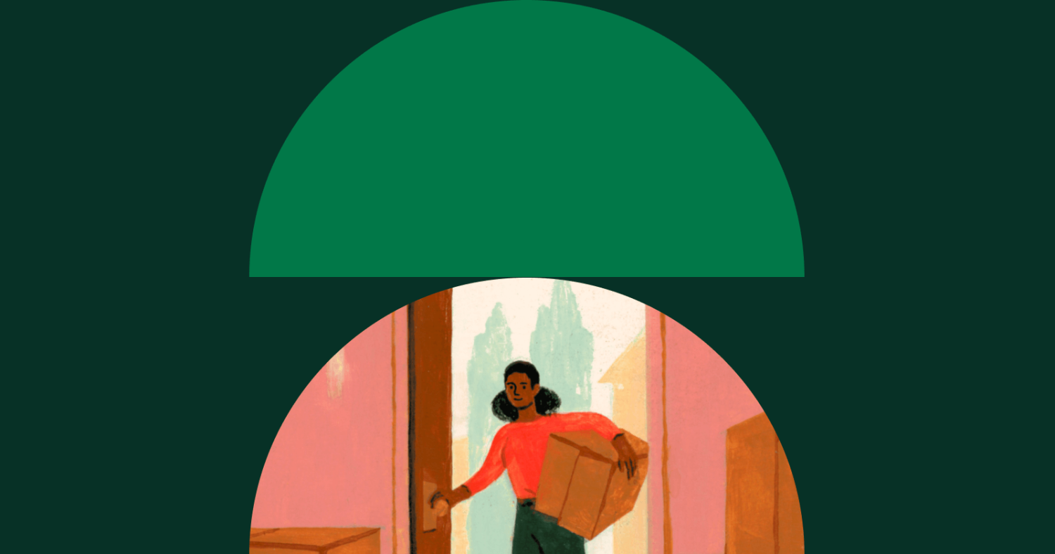 Dark Green Image with Two Stacked Half Circles in Center: One Lighter Green and One with Drawing of Person Entering a Home Carrying Boxes