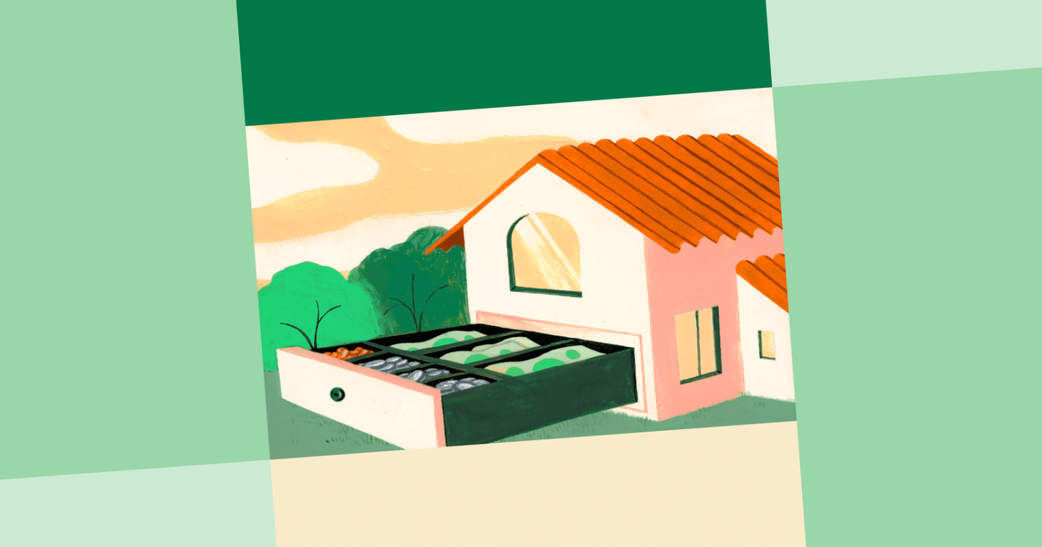 Abstract Green Shapes Bordering a Drawing of a Home with a Red Roof with a Cash Drawer Coming Out of It