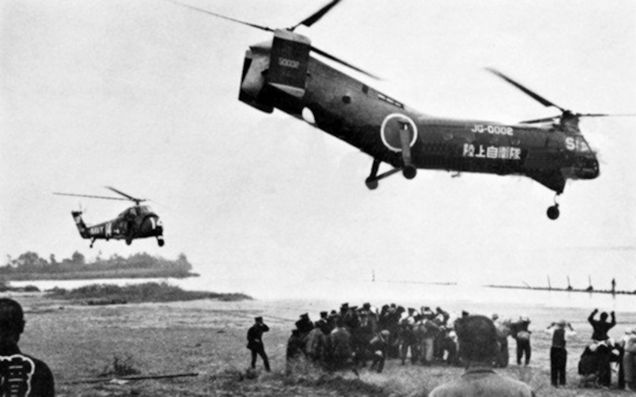 Helicopters evacuate people after Typhoon Vera Japan 1959