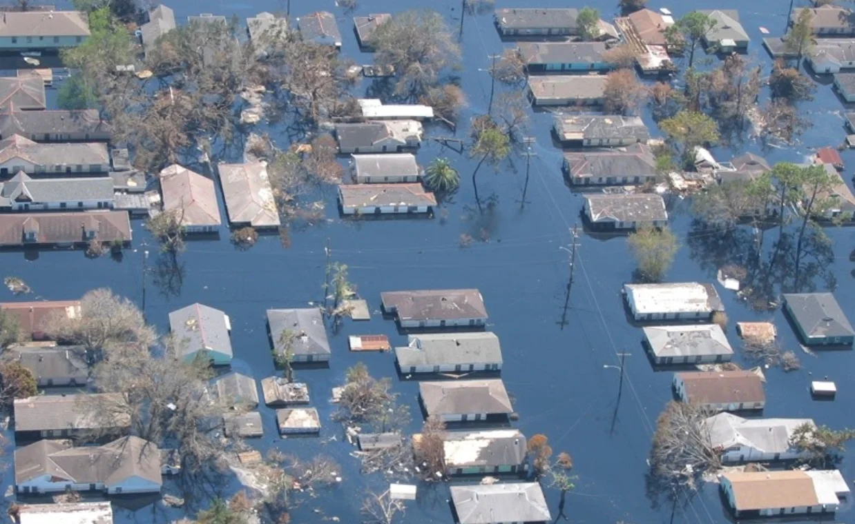 Views of inundated areas in New Orleans following the breaking of the levees surrounding the city as the result of Hurricane Katrina.  Courtesy NOAA