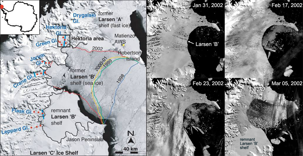 Larsen-B glacier map MODIS sat pics 2002 breakup NSIDC NASA