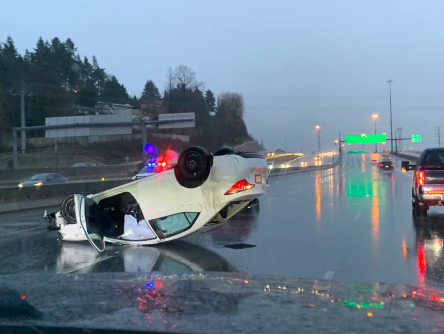 Overturned car flooding highway 1 bc Katie Nicholson/CBC
