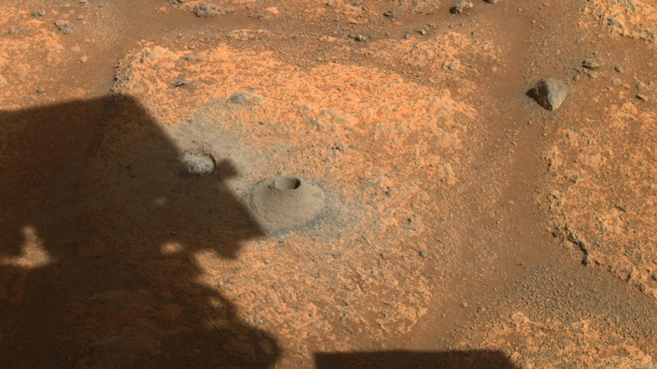 Perseverance Rover front left Hazcam borehole closeup stretched NASA JPL-Caltech