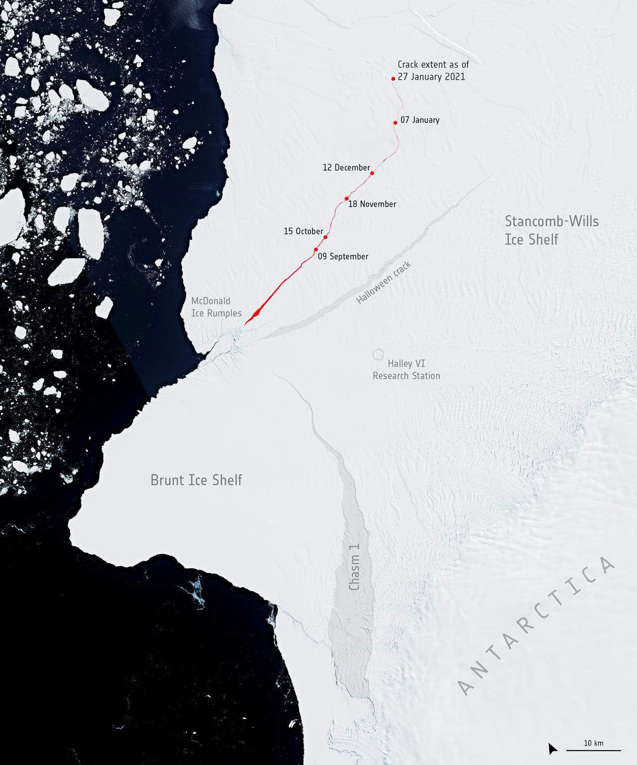 New crack in the Brunt Ice Shelf - ESA