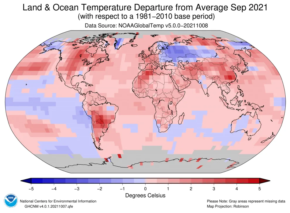Sept 2021 Land Ocean Temps Map NOAA