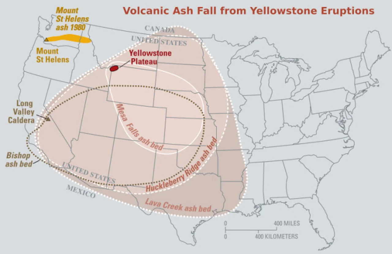 Volcanic ash fall from Yellowstone eruptions