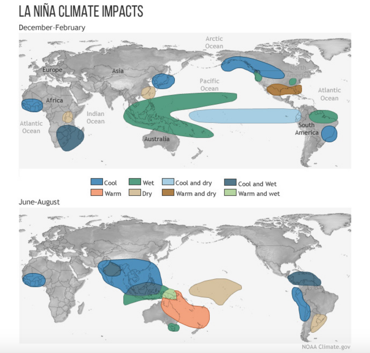 Typical impacts of La Niña on the world during Northern Hemisphere winter and summer. Credit: Climate.gov