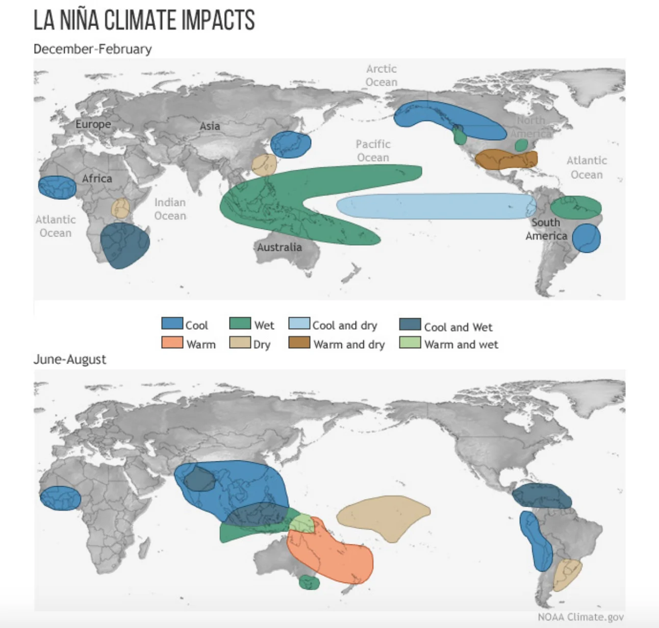 Typical impacts of La Niña on the world during Northern Hemisphere winter and summer. Credit: Climate.gov