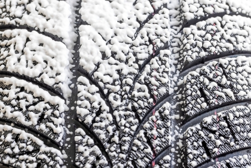 Close-up of snow on winter tire tread