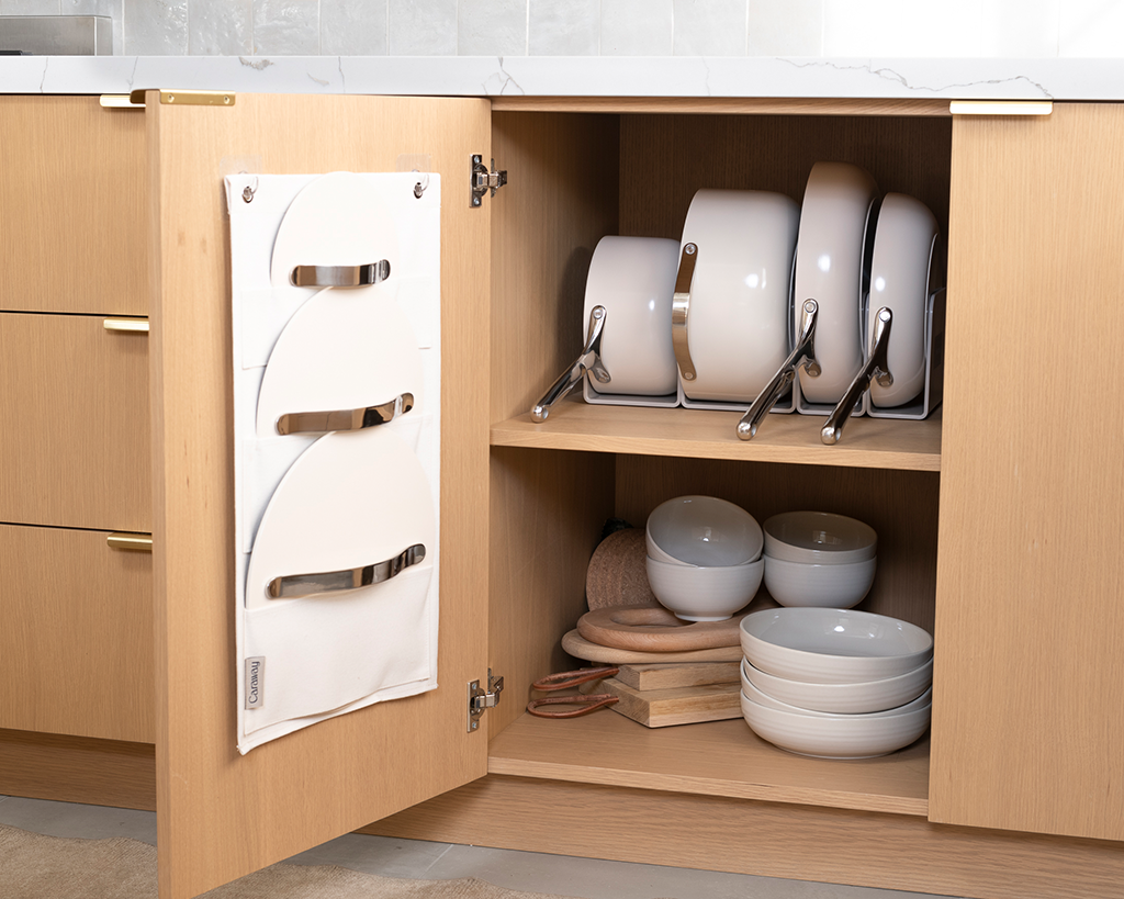 Smart cabinet storage for pots, pans, and lid holders