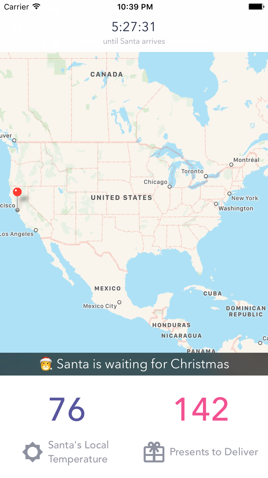 The finished Santa tracking app