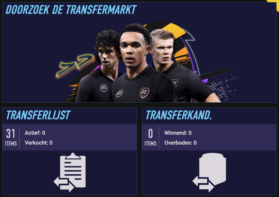 FIFA 21 Web App Transfermarkt scherm