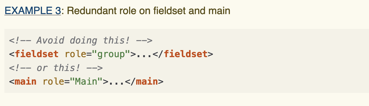 Source code: Avoid doing this -> 'fieldset role="group"' or this -> 'main role="Main"'