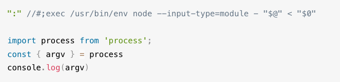 Source code: ":" //#;exec /usr/bin/env node --input-type=module - "$@" < "$0"  import process from 'process'; const { argv } = process console.log(argv)