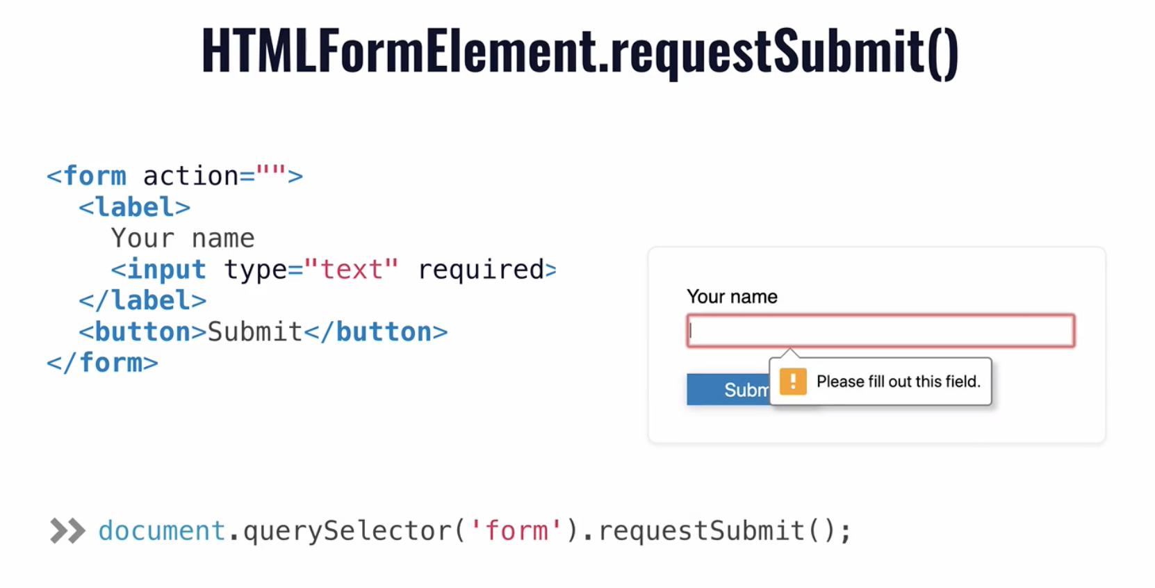 DevSheet showing that calling `requestSubmit` triggers a form validation
