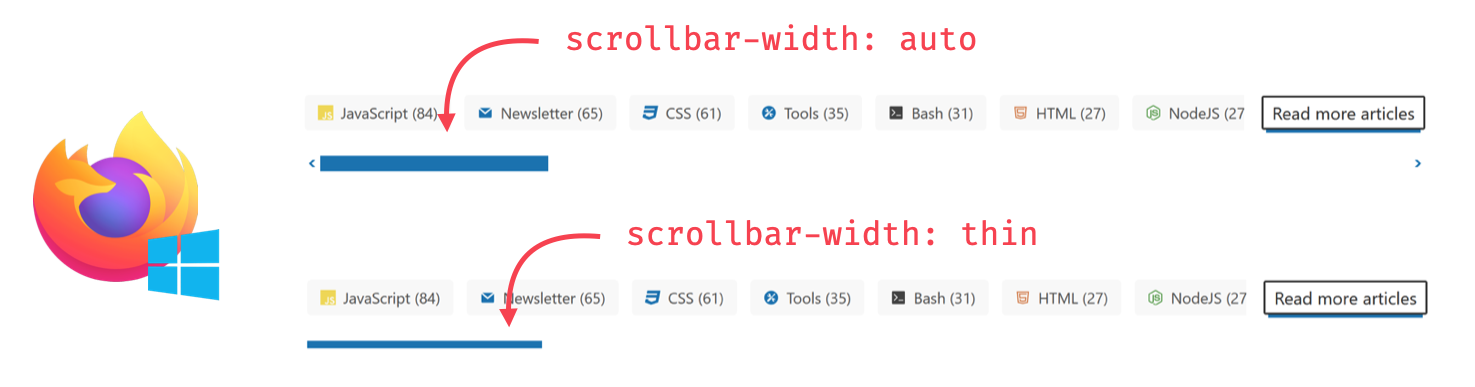 visual scrollbar-width comparison for Firefox on Windows. Auto is big and clunky and thin looks subtle and visually pleasing.