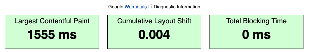 Web Vitals on WebPageTest showing "Largest Contentful paint", "Cumulative Layout Shift" and "Total Blocking Time"