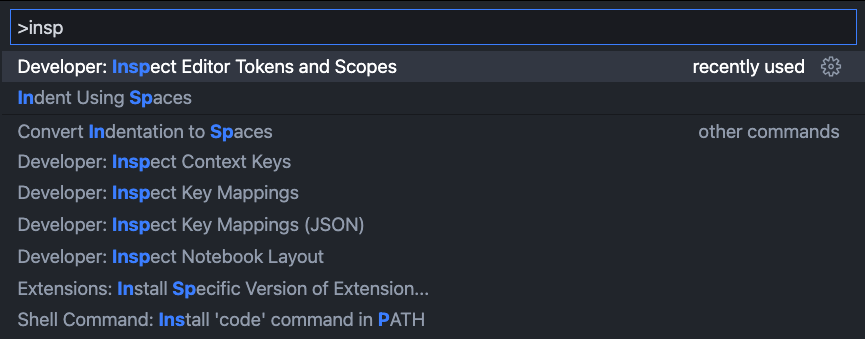 VS Code command pallet with the "Developer: Inspect Editor Tokens and Scopes" command