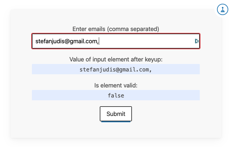 Interactive demo showing that an email input fields accepts multiple email addresses.