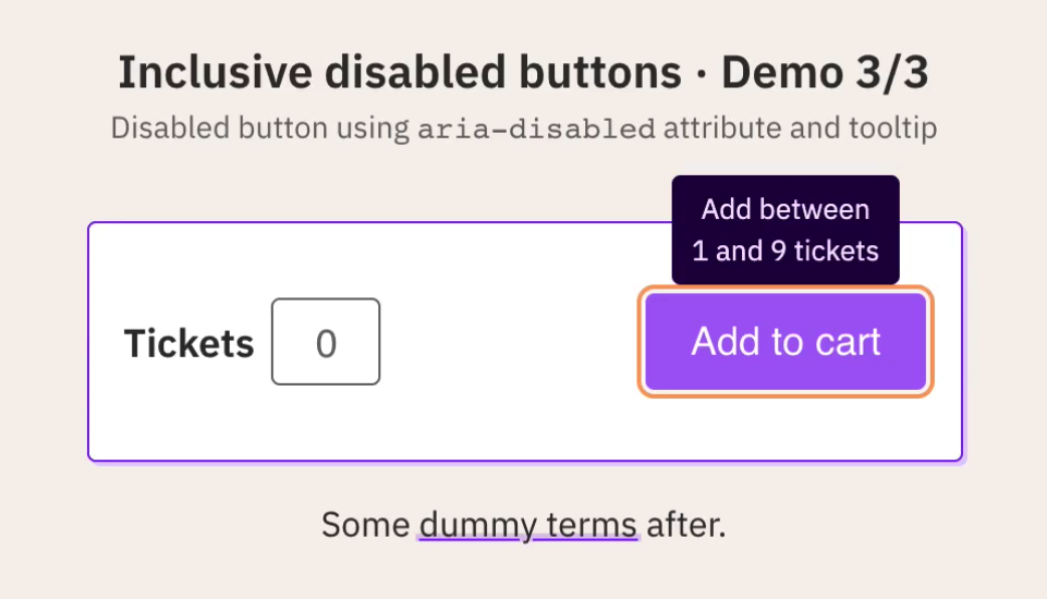 Example UI showing a disabled button with a tooltip explaining why things are not valid.